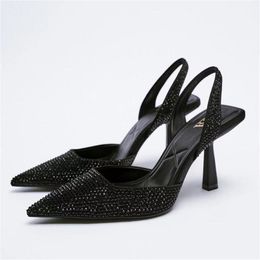 WSL TRAF ZA Set di scarpe da donna primaverili con cinturino a punta di diamante con tacco e scarpe con tacco Sandali con muli con cinturino posteriore da donna neri 220326