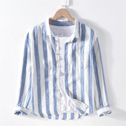 Men Spring Autumn Fashion Brand Linen Long Sleeve Nave Blue Striped Patchwork Turn Down Collar Casual Classical Male Chic Shirt