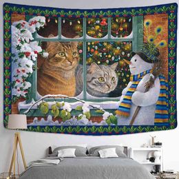 Christmas Kitten Snowdoll Carpet Wall Hanging Anime Cute Illustration New Year Gift Home Decor J220804