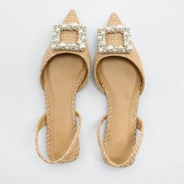 Sandálias 2022 Flat Woven Summer Women Faux Pearl Beads Sapatos Slingback Moda Feminina Sapatilhas Bicudas Sandálias SexySandálias