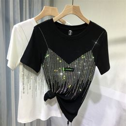4XL Plus Size Chic Summer Diamond Short Sleeve T Shirt For Women Casual Solid Colour O Neck T-shirt Ladies Streetwear Tees Top 2204072