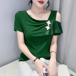 Women's T-Shirt Sexy Off-the-shoulder Summer Design Sense Ruffled Top Western Style All-match Half-sleeved ShirtWomen's