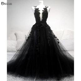 Party Dresses Abendkleider 2022 Floral Gothic Black Evening Long Formal Gowns A-Line Tulle Lace Flowers Prom Vestidos De Noche