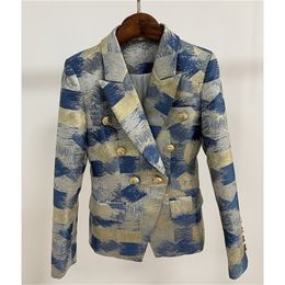 HIGH QUALITY New Fashion Designer Blazer Jacket Women's Lion Metal Buttons Double Breasted Colours Painting Jacquard Blazer 201106