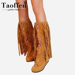 TAOFFEN Fashion Chinese Nation Style Flock Leather Women Fringe Flat Heels Long Boots Woman Tassel Knee High Boots Size 3443 Y200114