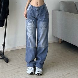 Harajuku printed Cargo Jeans Y2K Dark Blue brown High Waist Streetwear 90S Baggy Women Pants Straight wide leg jeans 220330
