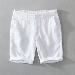 Pure Linen Shorts for Men Summer Fashion Solid White Loose Holiday Man Casual Plus Size Button Fly Short Pants 220318