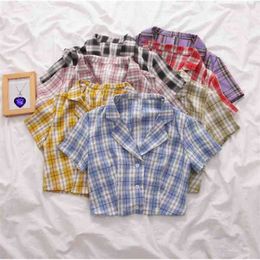 Summer Korean Blouse Women Vintage Crop Shirt Streetwear Plaid Ladies Tops Elegant Button Up Shirt Crop Top Shirts 210401