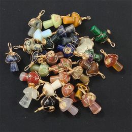 Lots Wire Wrap Mushroom Charms Stone Quartz Crystal Agate Pendant for Necklace Jewellery Making