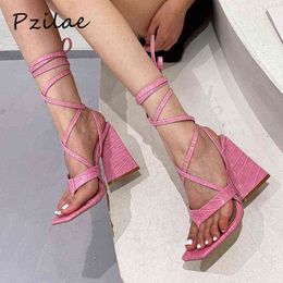 Sandals Pzilae 2022 Summer Pink Women Fashion Crosstied Strange High Heels Shoes Sexy Square Toe Lace Up Party Pumps Woman 220704