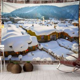 Christmas Cartoon Snow Housetapestry Wall Hanging Holiday Gift Psychedelic Retro Dohemian Homeliving Room Decoration J220804