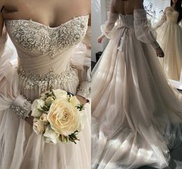 Elegant Sparkly A Line Wedding Gowns Boho Fairytale Crystals Beading Tulle Sweetheart Long Sleeves Country Style Bridal Dress Lace-up Back Vestidos De Novia