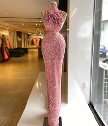 Gorgeous Pink Straight Evening Dresses Lace Appliques High Neck Prom Dresses Sleeveless Ruffles Celebrity Women Formal Party Pageant Gowns