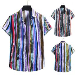 Men's Casual Shirts Men Colourful Stripe Printed Fashion Loose Cotton Linen Blouse Top Summer 2022 Beach Hawaii Shirt Camisas #4