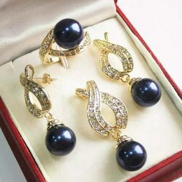 3pcs 18K Gold Plated Roundblack Pearl Necklace Earrings Ring Jewelry Set