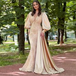 Champagne Saudi Arabric Evening Dresses Puffy Long Sleeve Formal Gown Satin with Lace Appliques Prom Dress