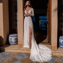 lace side slit wedding dress Australia - Other Wedding Dresses Charming Beach Chiffon Side Slit Sweep Train Dress 2022 Sexy Sheer V-Neck Lace Long Sleeve Bridal GownsOther