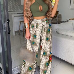Summer Casual BM Style Plain Sleeveless Cross Sexy Halter Crop Top & Floral Print Wide Leg Pants Set Two Piece Suit Holiday 220509