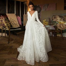 Bohemian Lace A Line Wedding Dress Long Sleeve Boho Beach Bridal Gowns V Neck Satin Backless Sexy Country Bride Formal Wear Ivory White Robes De Mariee