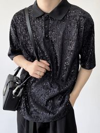 Mens T-Shirts Men Clothing 2024 Summer Luxury Sequins Turn Down Collar T-shirt Korean Fashion Loose Streetwear For MaleMens