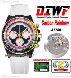 DIWF ETA A7750 Automatic Chronograph Unisex Mens Womens Watch Carbon Fibre Rainbow Diamond Bezel Pink Black Dial White Oysterflex Rubber Super Edition Puretime g7
