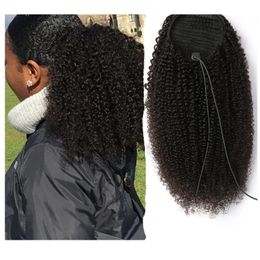 Drawstring Ponytail Human Hair black women Afro Kinky Curly extension Remy Brazilian Hair Pony tail Long Curl water wave 160g