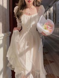 Casual Dresses Fairy Elegant Pure Colour Dress Woman Party One Piece Korea Style Long Sleeve Vintage Midi Bandage 2022 SpringCasual