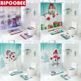 Funny Snowman Printed Shower Curtain Merry Christmas Washroom Decor Cartoons Pedestal Anti-slip Carpet Bathroom Mat Toilet Cover 220429
