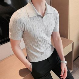 Men's Polos Summer Plaid Shirt High Quality V-Neck Solid Colour Casual Stretch Slim Short Sleeve T-Shirt Men's Knit ShirtMen's Men'sMen's