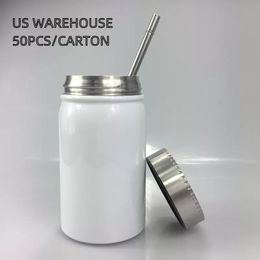 US WAREHOUSE DIY 500ml Sublimation Mason Jar with Straw and Lid Mugs Stainless Steel Water Cup Summer Drinkware z11