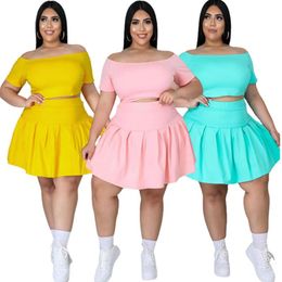 Women's Tracksuits Plus Size Two Piece Skirt Ladies Fashion Short Solid Color Top Mini Casual Clothing Summer 2022 Wholesale OutletWomen's