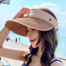 Women Summer Sunscreen Straw Hat For Ladies Korean Style Uncovered Vacation Beach Outdoor Anti-Ultraviolet Panama Cap Wide Brim Hats Elob22