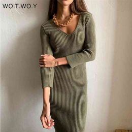 WOTWOY V Neck Wrapped Knitted Dress Women Autumn Solid Sheath Sweater Dresses Women Knee Length Bodycon Long Sweater Female New 210322