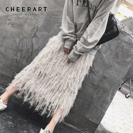 Cheerart Fall Knit Skirt Women Designer Feather Sweater Skirt Grey A Line Elastic High Waist Long Midi Crochet Skirt Fashion T200301