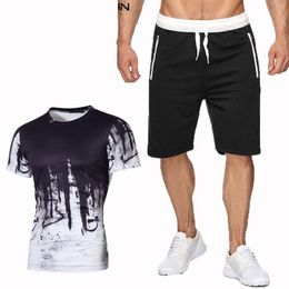 Men's Tracksuits Summer Solid Colour 3D Digital Gradient Print High-quality T-shirt 2022