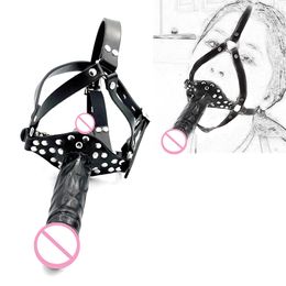 sexy Shop Double-Ended Dildo Gag Strapon Head Harness Mouth Plug Penis Realistic Cock Dick BDSM Erotic toy For Lesbian Women Beauty Items