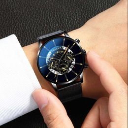 Luxury Men's Fashion Business Calendar Watches Blue Stainless Steel Mesh Belt Analogue Quartz Watch o