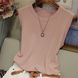 Fashion Ice Silk Knitted Vest Gym Tank Top Women Round Neck Thin Sleeveless Shirt Summer wide shoulder Loose Blusas 4588 50 220325