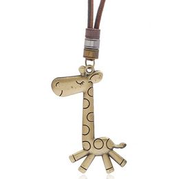 Cartoon Animal Giraffe Pendant Necklace Adjustable Chain Leather Necklaces for Women Men Hip Hop Fashion Jewelry Gift