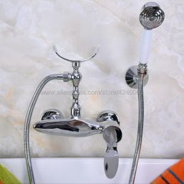 Bathroom Shower Sets Polished Chrome Faucet Bath Mixer Tap With Hand Head Set Wall Mounted Kna258Bathroom