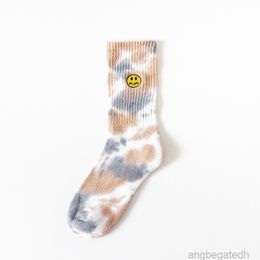 2022 New Smiley Embroidered Tie-dye Sports Couple Socks Men's and Women's Same Socks 4b