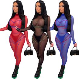 Hot Sell Mesh See Through Romper For Women Long Sleeve Back Zipper Skinny Pants Nightclub One Piece Jumpsuits Q22Y8033