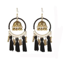 Retro Indian Black Tassel Earring Women Exaggerated Jewellery Bohemian Hollow Gold Big Bell Pendant Jhumka Earring Jewellery