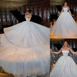 Princess Ball Gown Wedding Dresses Bridal Gowns Bateau Neck Lace Long Sleeve Appliqued Sequins Floor Length Train Plus Size Robe De Mariee Custom Made