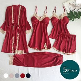 5pcs/set Silk Robe Sleep Suit Womens Lace Satin Pajamas Gown Set V-Neck Cami Nighties Wear Pijama Home Nightwear Nightdress 220421