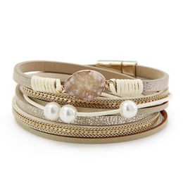 Leather Wrap Tennis Bracelet Boho Cuff Crystal and Pearl Bead Bangle with Magnetic Clasp Jewellery Gifts for Women Teen Girls