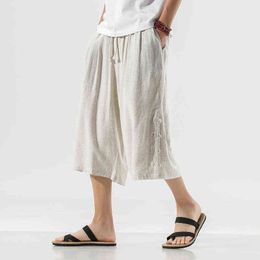 2022 Men Cotton Linen Wild Leg Pants Men Casual Streetwear Calf-Length Pants Man Bloomers Summer Baggy Male Traditional Trousers L220706