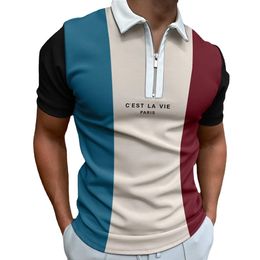 Summer Stripe Splice Print Design Zip Up Golf Polos T-shirt For Mens Slim Fit Zipper Lapel Polyester Cotton Polos T Shirts PLS1