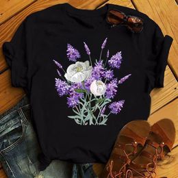 Beautiful Purple Flower Printed Tops Womens Top Casual T-shirt Flowers Round Neck Black
