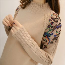 Korean Women Sweater Pullover Cotton Autumn Winter Embroidery Loose Solid Long Sleeve Jumper Casual Pullover Sweater Women 210203
